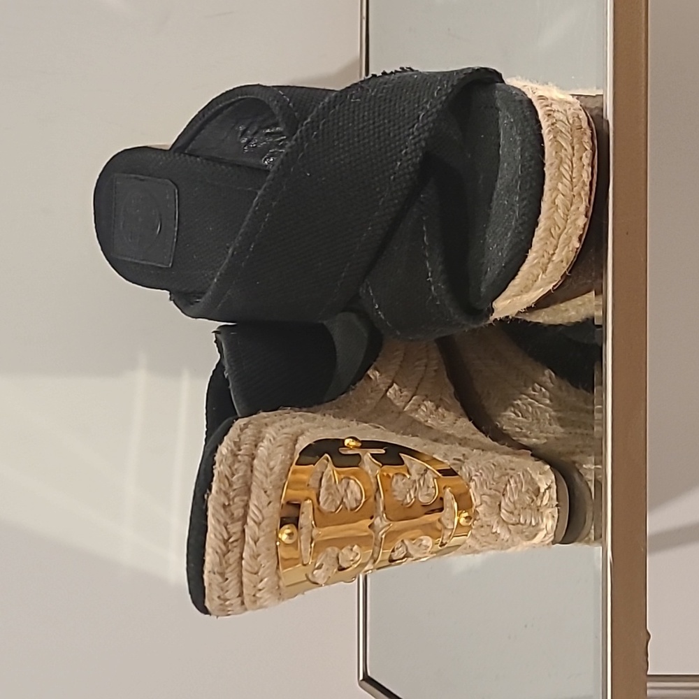 Tory Burch Kristen Black Canvas Espadrille Wedges